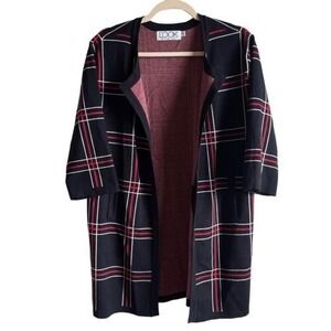 B4‎ The Look Open Cardigan Black Red Viscose Plaid Windowpane Pocket Lagenlook